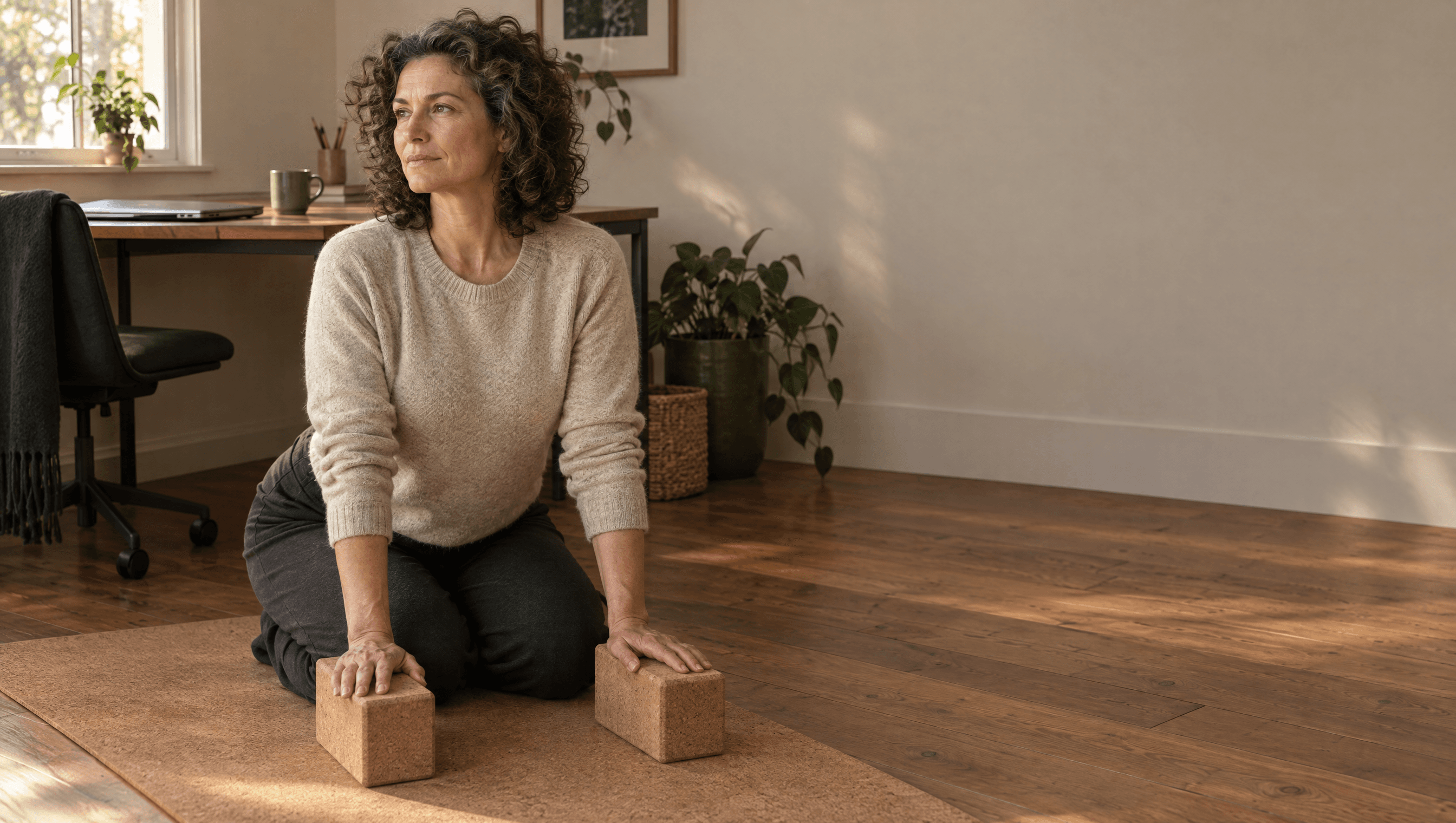 A woman kneels on a cork mat with her hands resting on two cork blocks, a desk behind her.