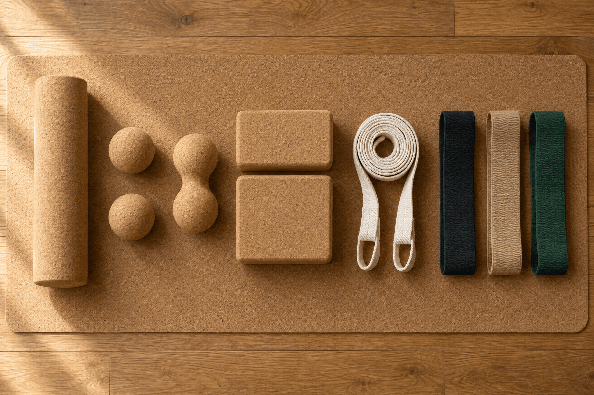 The full set laid out on a cork mat: a cork roller, two cork balls, a cork peanut ball, two cork blocks, a woven strap and three fabric loops.