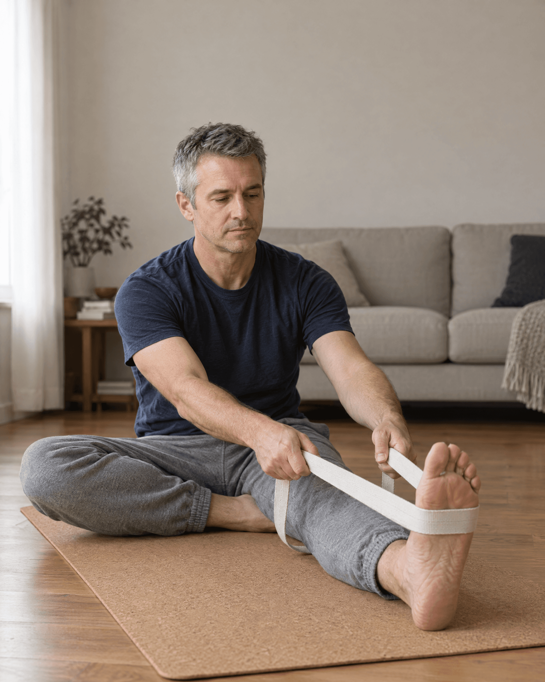 A man sits on a cork mat with a woven strap looped around one foot.